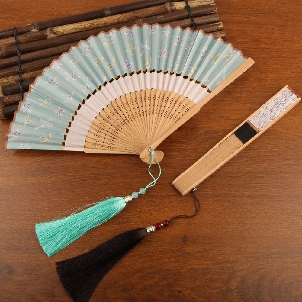 Costume Accessory Portable Folding Fan Classical Vintage Chinese Style Fan with Tassel Decorative Bamboo Fan Dance Performance Oasis Select