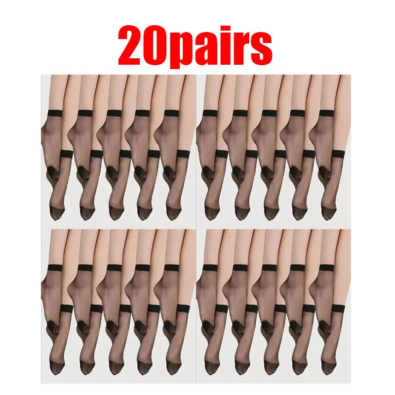 10/20/30pairs Skin Socks Women Sexy Ultrathin Stockings Female Transparent Nylon Crystal Short Ankle Sock Non-Slip Silk Socks Oasis Select 20pairs Black One Size