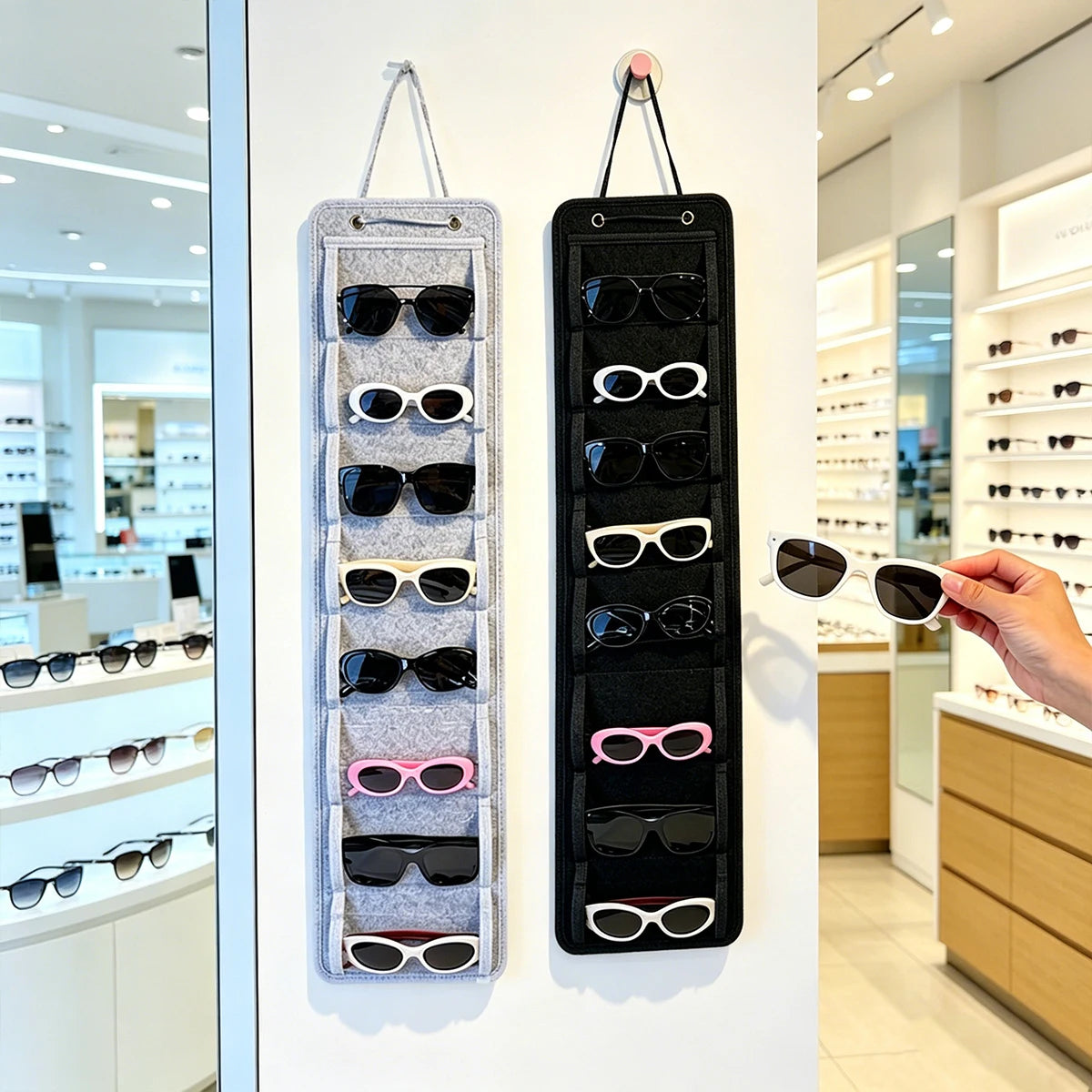 1pc foldable gray/black wall mounted storage bag 8 compartments storing felt glasses storage portable display storage rack Oasis Select