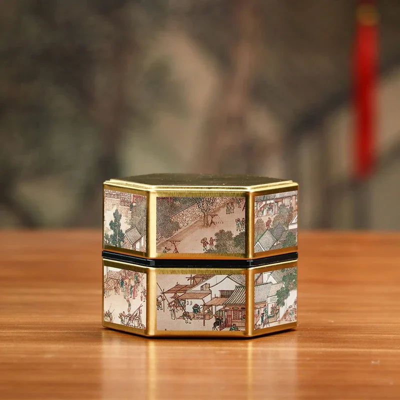 Creative Hexagonal Tea Pot Tin Can Chinese Tinplate Tea Storage Tank Small Sealed Portable Tea Box Empty Can Tea Set Accessories Oasis Select StyleA S