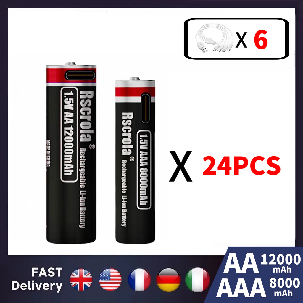 New 1.5V Li-ion AA12000mAh&AAA 8000mAh Rechargeable Batteries USB Lithium-ion Suitable for mouse, flashlight, keyboard monitorin Oasis Select 24AA-24AAA 1.5V