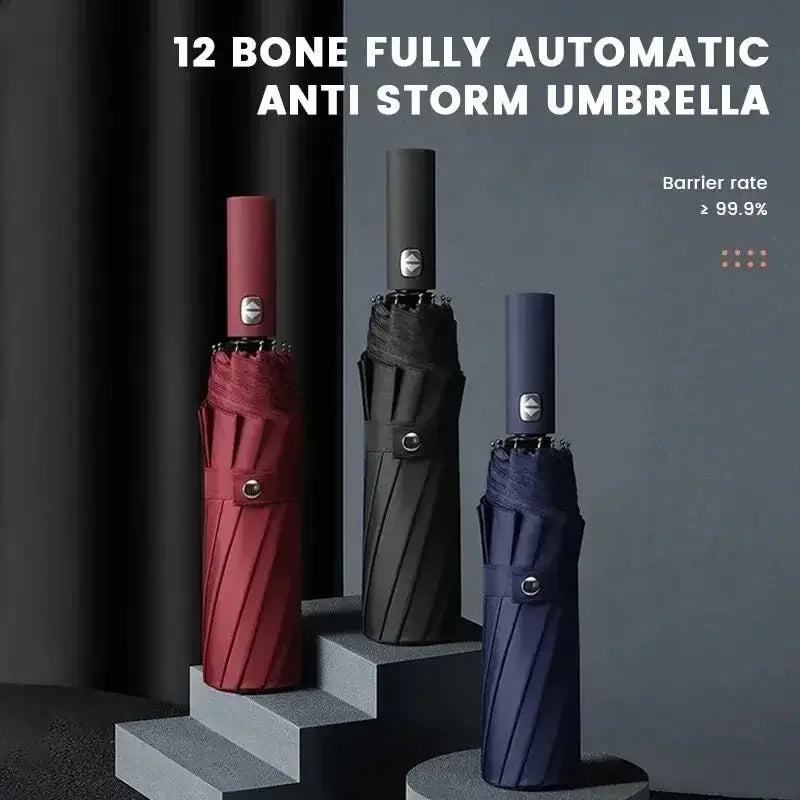 12 Bone Black Glue Fully Automatic Umbrella - Thick Durable Keel Three-Fold UV Resistant Folding Design for Protection And Style Oasis Select