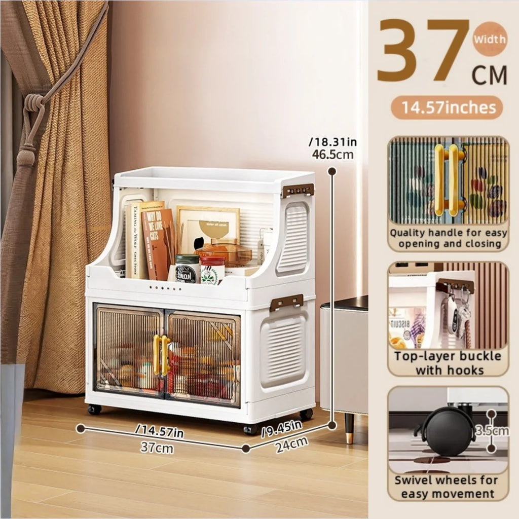 Foldable Double-Door Storage Cabinet,Large Capacity Space-Saving Mobile Organizer for Bedroom&Living Room（Clothes, Toys&Snacks） Oasis Select 2 Tiers Clear Gray