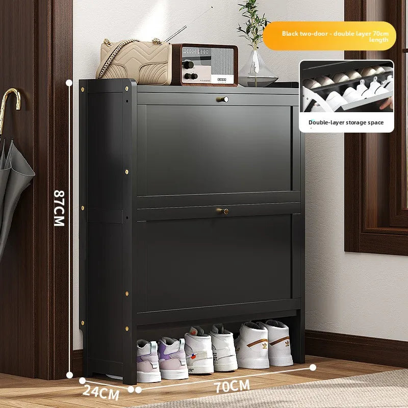 Ultra-thin shoe cabinet 17cm household door economical simple modern storage cabinet narrow large capacity tipping bucket Oasis Select Black double 2-70