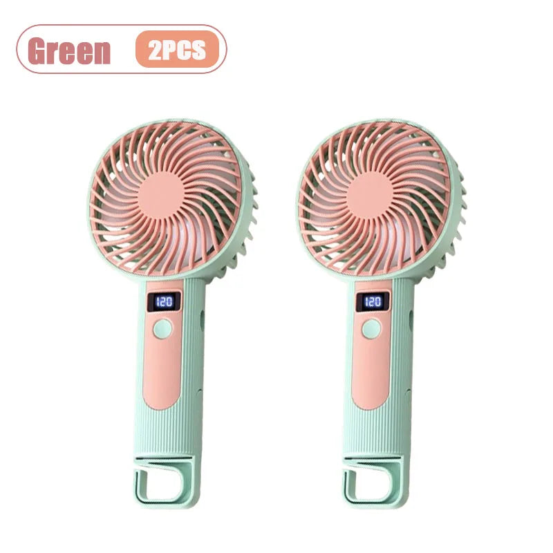 Digital Display Handheld Fan Mini Portable USB Rechargeable 2 in 1 Desktop Standing Cooling Fan for Office Travel Outdoor Oasis Select Green-2PCS