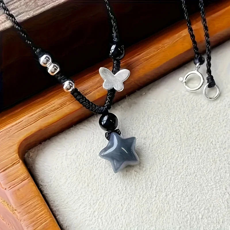 Vintage Black Rope Chain Short Necklace Korean Acrylic Star Pendant Necklace Women's Casual Fashion Party Jewelry Oasis Select