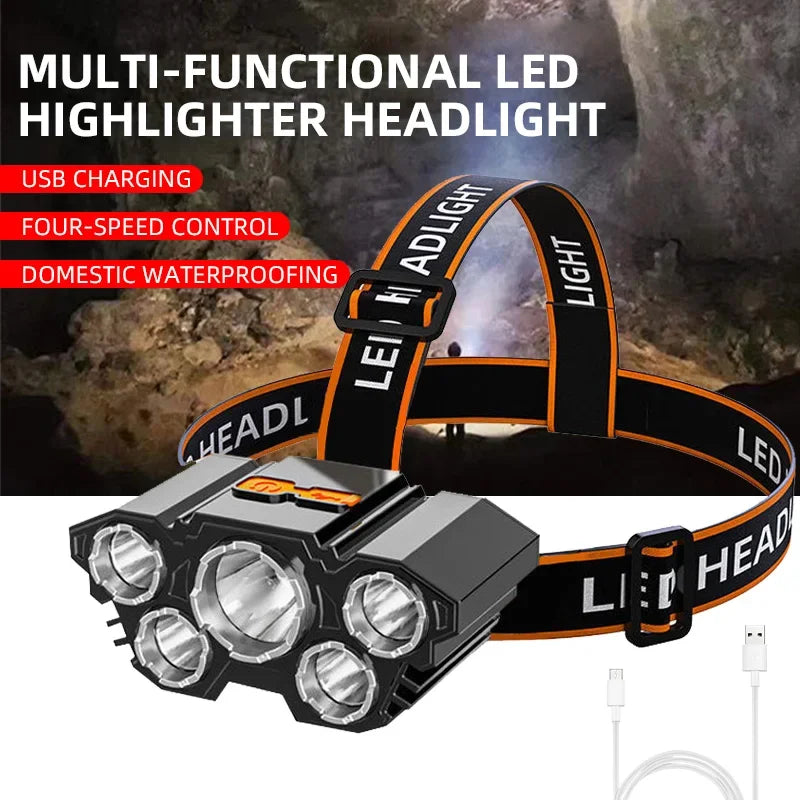 5 LED Headlamp Rechargeable with Built in Battery Strong Light Headlight Camping Adventure Fishing Head Light Flashlight Oasis Select