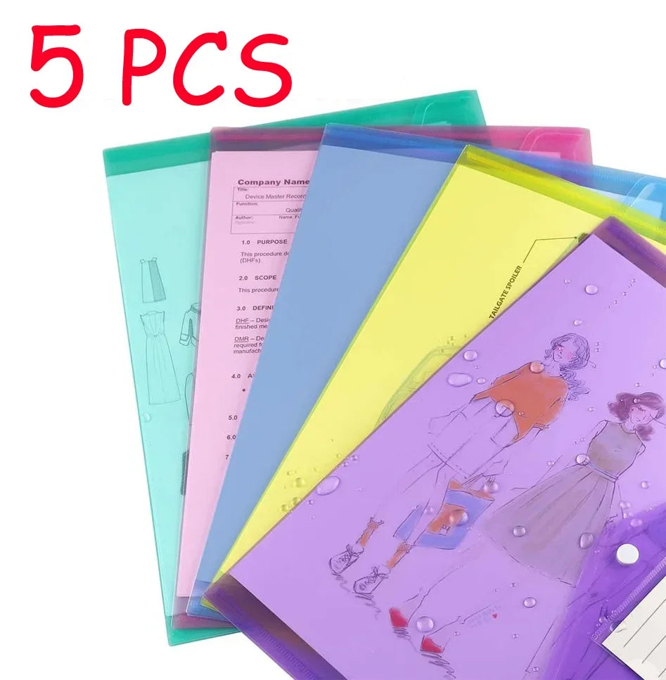 10/5pcs A4 Folders Plastic Envelopes Clear File Folder for Document Poly File with Label Pocket Snap Button for Office Organizer Oasis Select 5pcs Random Color