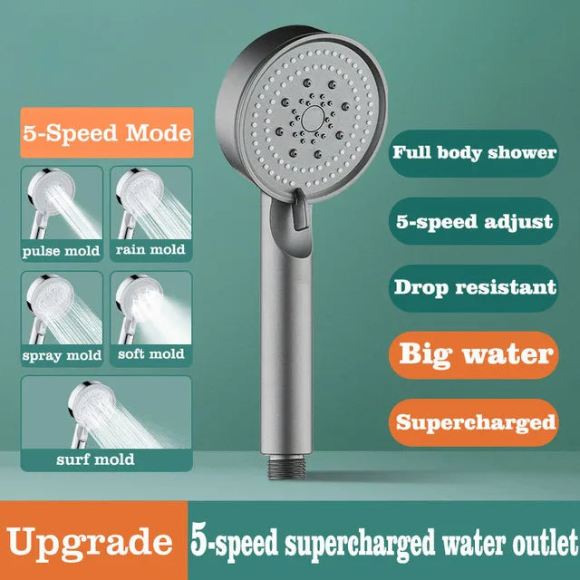 Shower Head 5 Modes Adjustable High Pressure Water Saving Shower Head Water Massage Shower Head Hook Hose Bathroom Accessories Oasis Select Grey