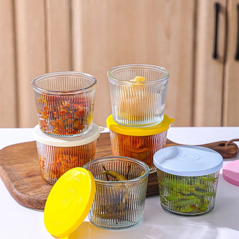 4Pcs 6.8oz Clear Ribbed Glass Cups with Lids, Stackable Mini Bowls, Reusable Jars for Dessert Pudding Sauce Salad Nut Oat Oasis Select