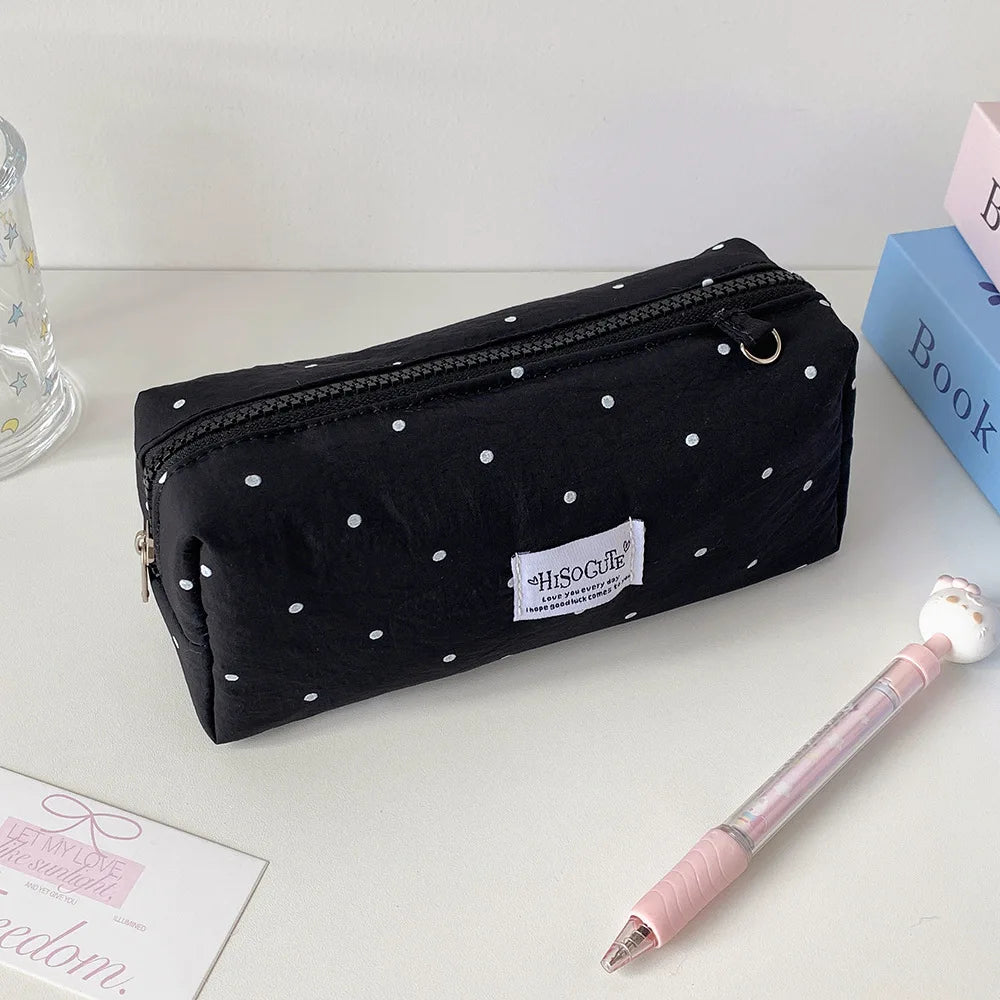Fashion Korean Polka Dot Solid Color Pencil Case Student Stationery Large Capacity Storage Pen Bag Cute Girl Makeup Bag Gift Oasis Select black