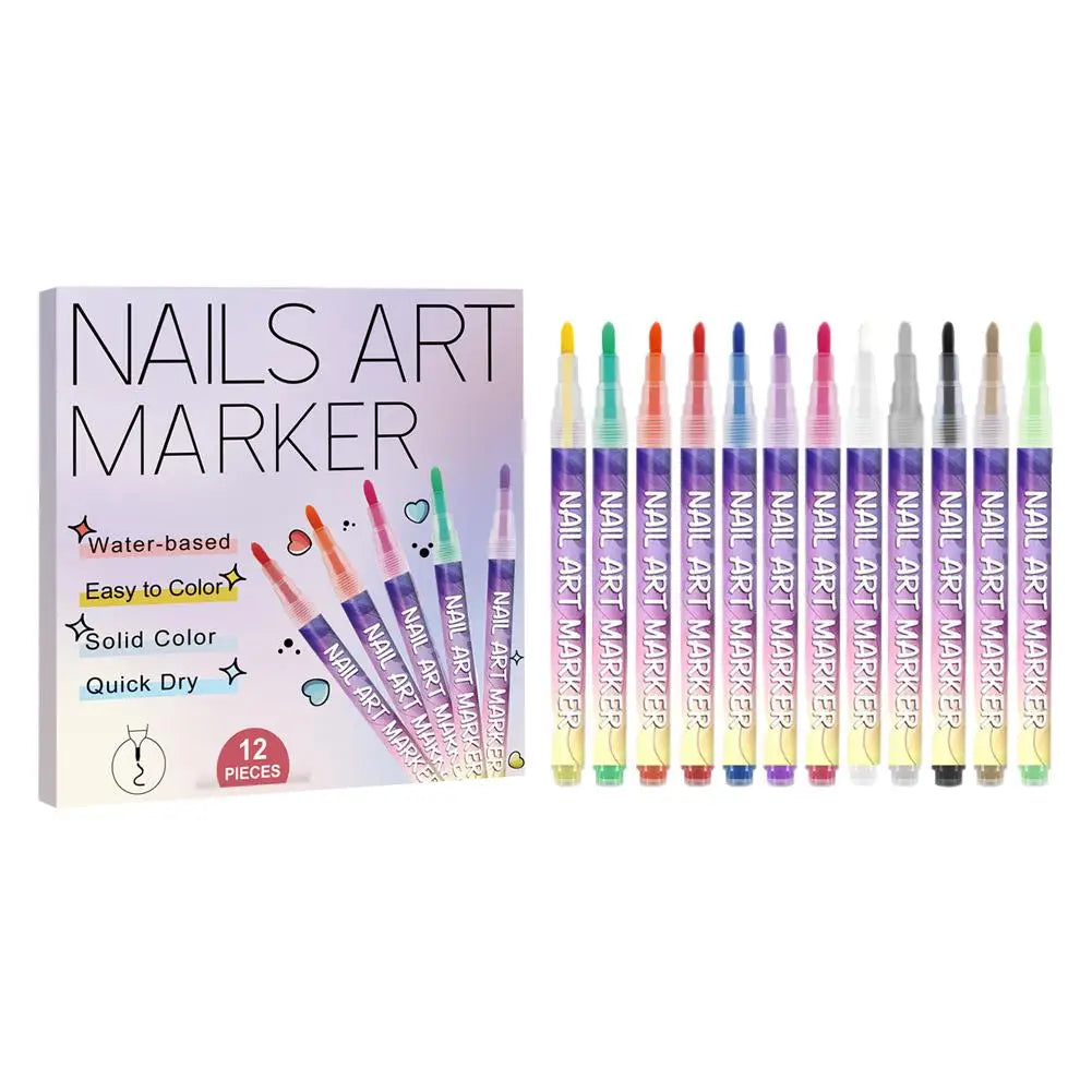 12-Piece Nail Art Graffiti Pens – Waterproof Quick-Dry Markers
