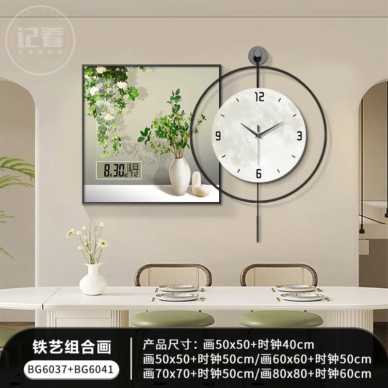Simple Green Plant Perpetual Calendar Electronic Clock Guest Restaurant Decorative Painting Iron Combination Wall Clock Oasis Select BG6037 BG6041 60x60 clock 50cm