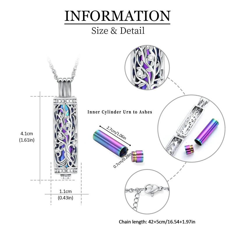 Cylinder Cremation Jewelry Tree of Life Urn Ashes Necklace for Women Men Vial Cremation Ash Pendant Memorial Jewelry Oasis Select