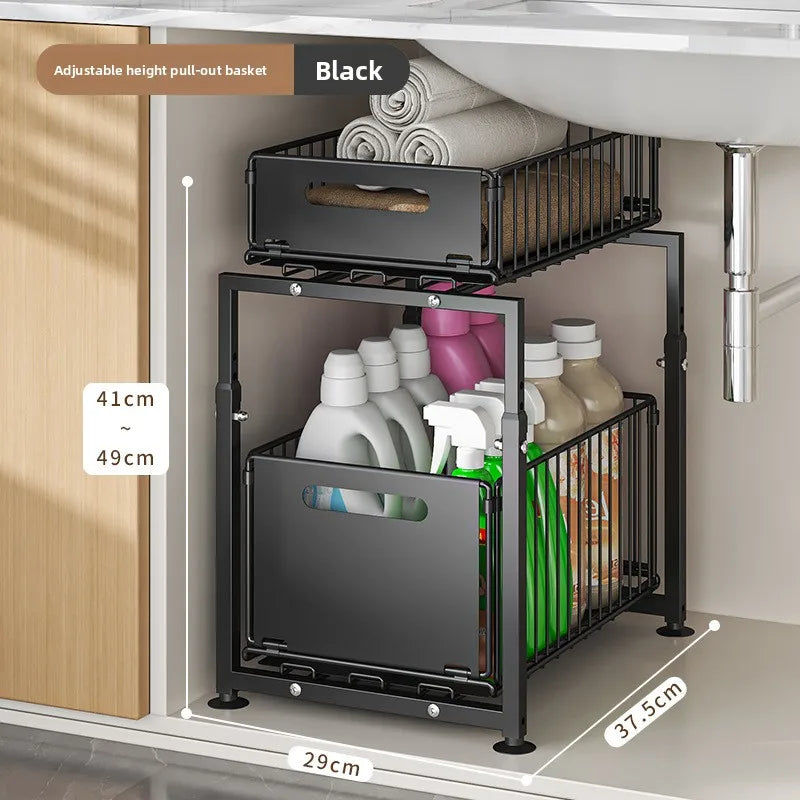Kitchen cabinet under basket sink rack Adjustable double-layer dish seasoning storage rack Pull-out layered rack Oasis Select Black folding lan