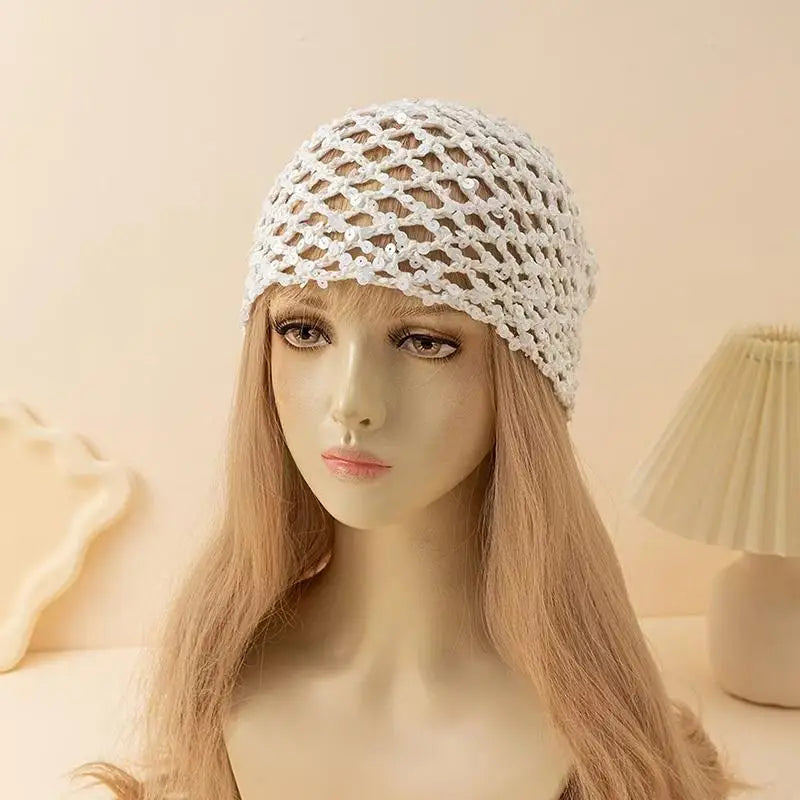 Y2K Sparkly Sequin Knit Beanie Hat – Sheer Hollow Party Cap