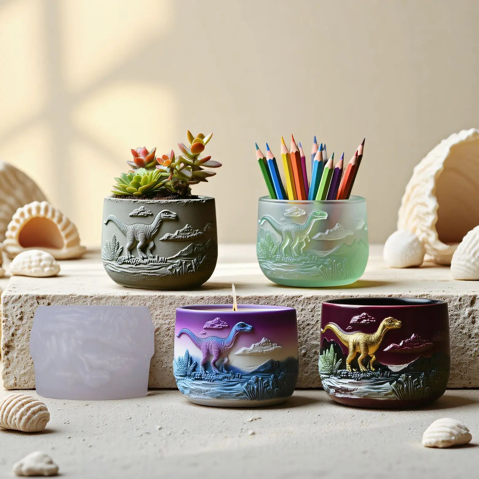 Relief Dinosaur Aromatherapy Candle Cup Silicone Mold DIY Handmade Resin Gypsum Succulent Plant Flowerpot Storage Box Mould Oasis Select