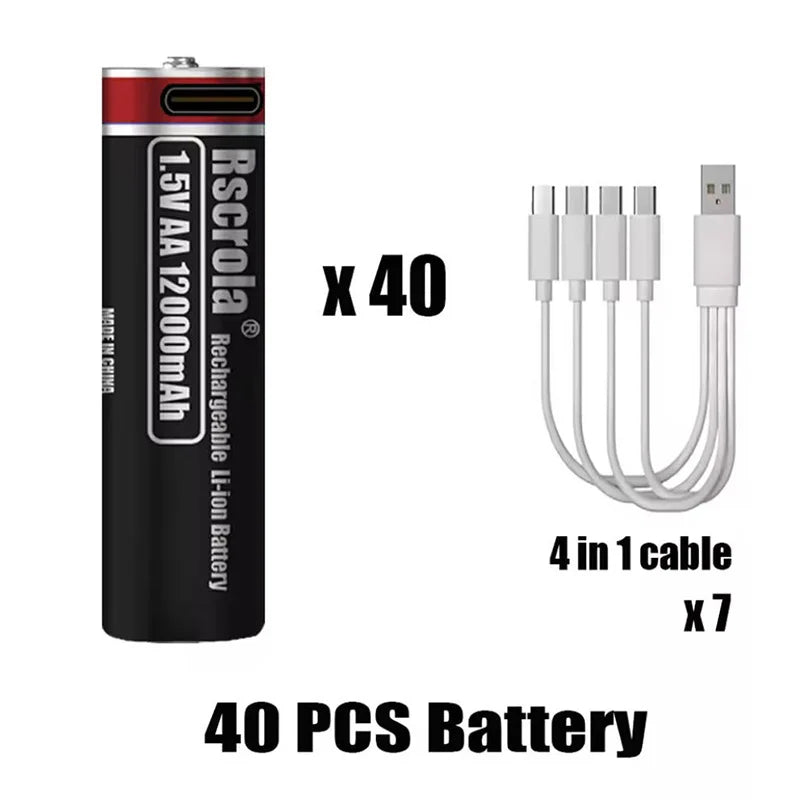 1.5V AA Rechargeable Lithium Battery 12000mAh with Type-C Cable, Stable Output for Camera, Mouse, Toys, Flashlight Oasis Select 40 PCS AA Batteries