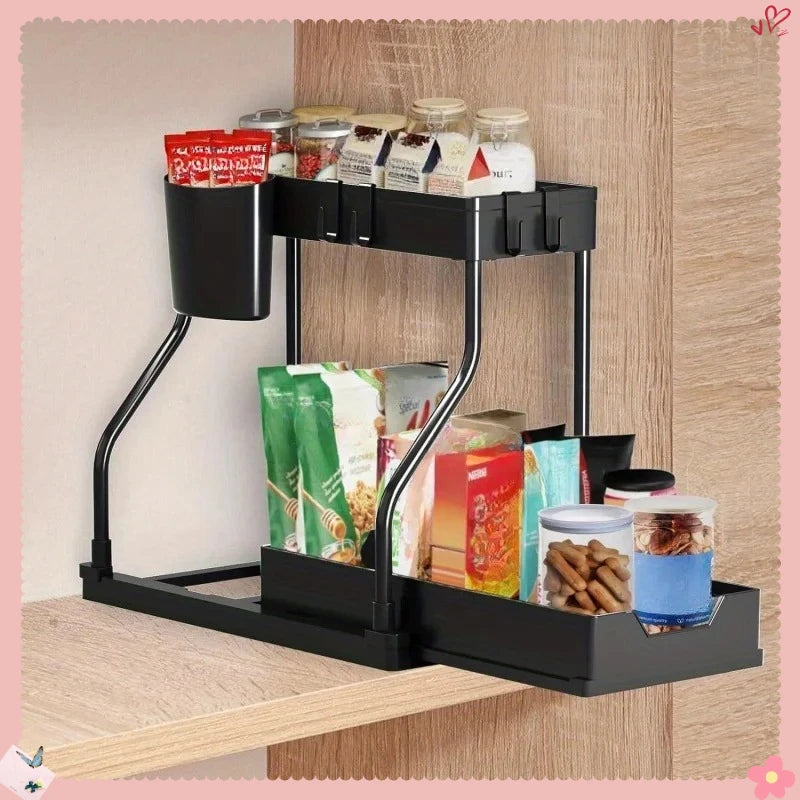 Bathroom & Kitchen Multi-Layer Pull-Out Storage Rack - Clutter Organizer for Sink Area & Seasonings Oasis Select