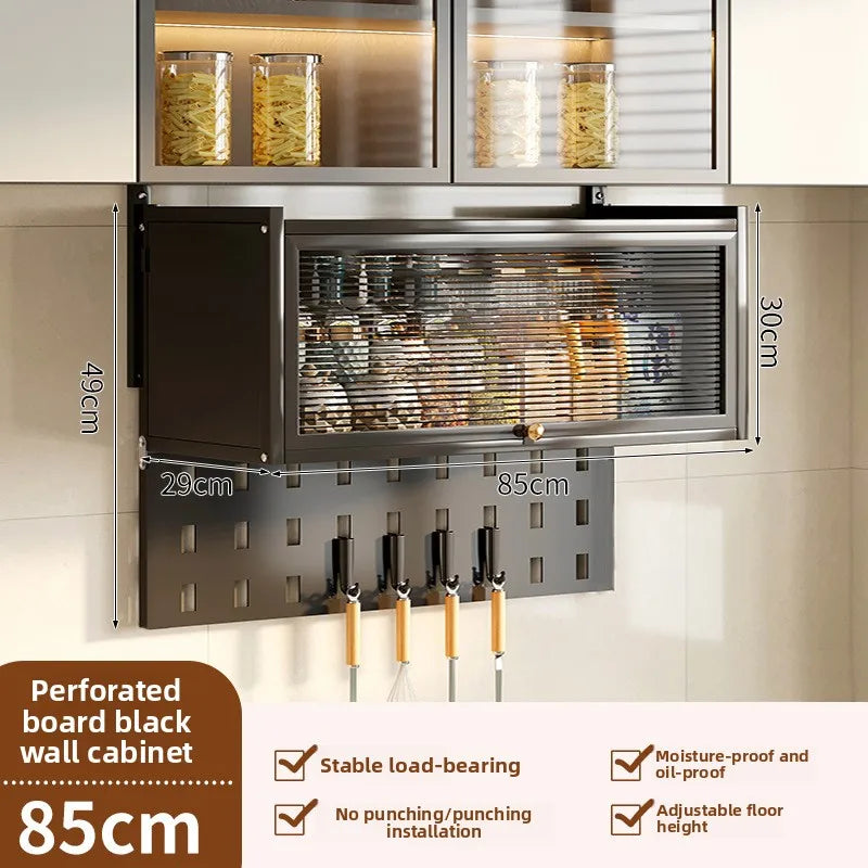 Kitchen multi-functional wall-mounted hanging cabinet seasoning rack upturned locker household dust with door storage rack Oasis Select Black-85-A