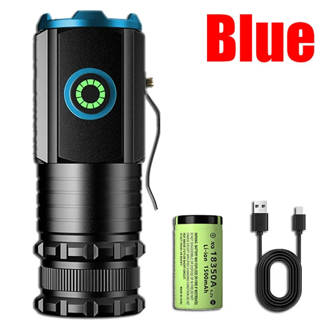 Powerful Portable Mini LED Flashlight 2000LM 3LED Ultra Strong Light 18350 Built-in Battery USB Rechargeable With Magnet Torch Oasis Select Blue With Battery