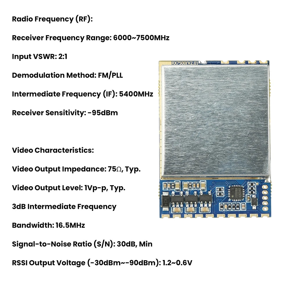 RX7500 6000-7500MHz Wireless Video Receiving Module 7.2GHz VRX with RSSI Output Analog Voltage Signal for Monitoring System Oasis Select