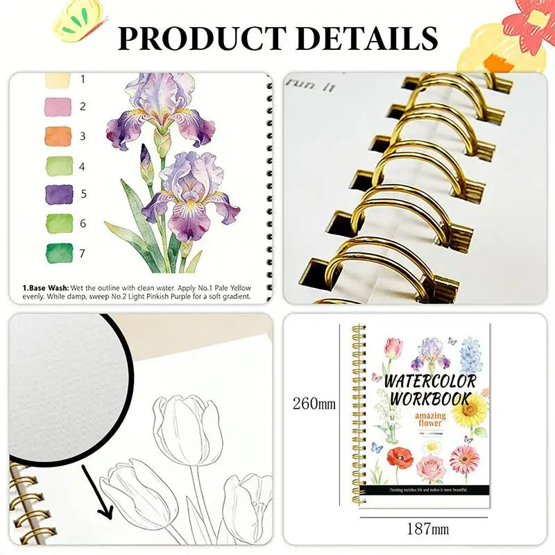 Spiral Bound Watercolor Flower Workbook Thick Paper Easy Guides For Beginners Daily Art Practice Oasis Select