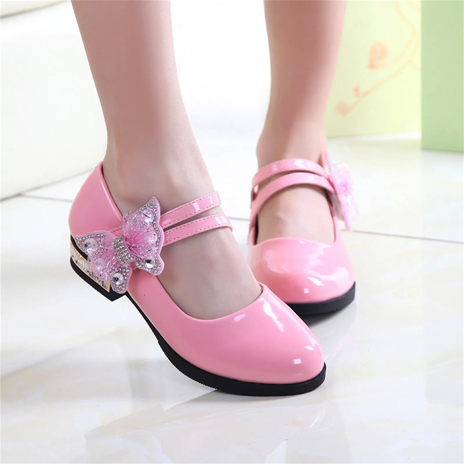 Girls Leather Shoes for Party Wedding Kids Performance Shoes with Butterfly-knot Fashion Children High Heels Rhinestone Shoes Oasis Select 34 Pink