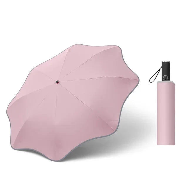 Creative Three Fold Automatic Round Corner Reflective Umbrella Wrapped Edge Sunny Rain Dual Use Vinyl Umbrella Oasis Select Pink 8K metal-fiber composite