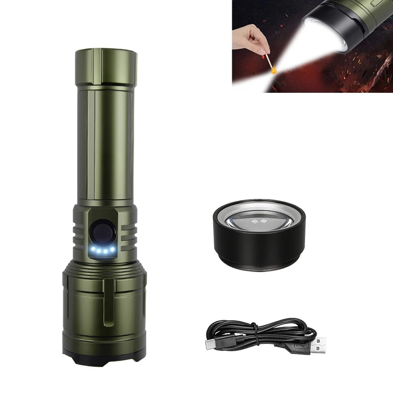 Powerful LED Flashlight USB C Rechargeable with Fresnel Lens Flashlight Super Bright Aluminum Zoom Torch Emergency Power Bank Oasis Select Green-NO Battery ZOOM