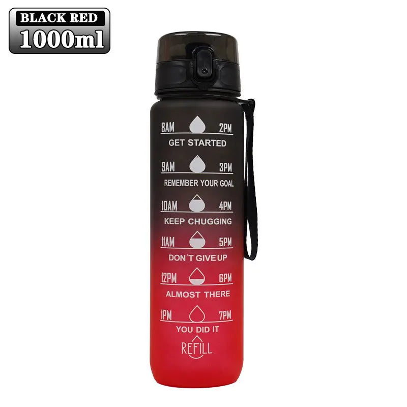 900/1000ml Sports Bottle with Time Scale Outdoor Gradient Color Sports Bottle Portable Fitness Motivational Straw Mug BPA Free Oasis Select Black red 900-1000ml