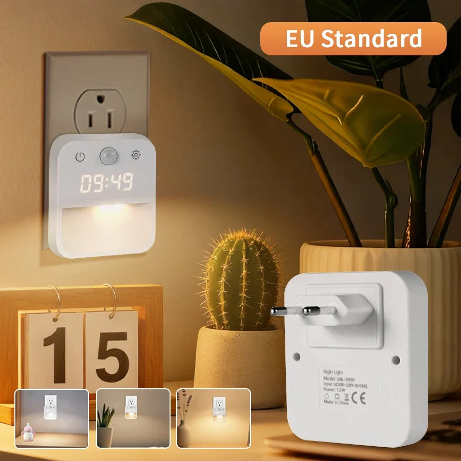 Motion Sensor LED Night Light with Clock Display – 3 Modes Motion Sensor Night Light Oasis Select EU Plug