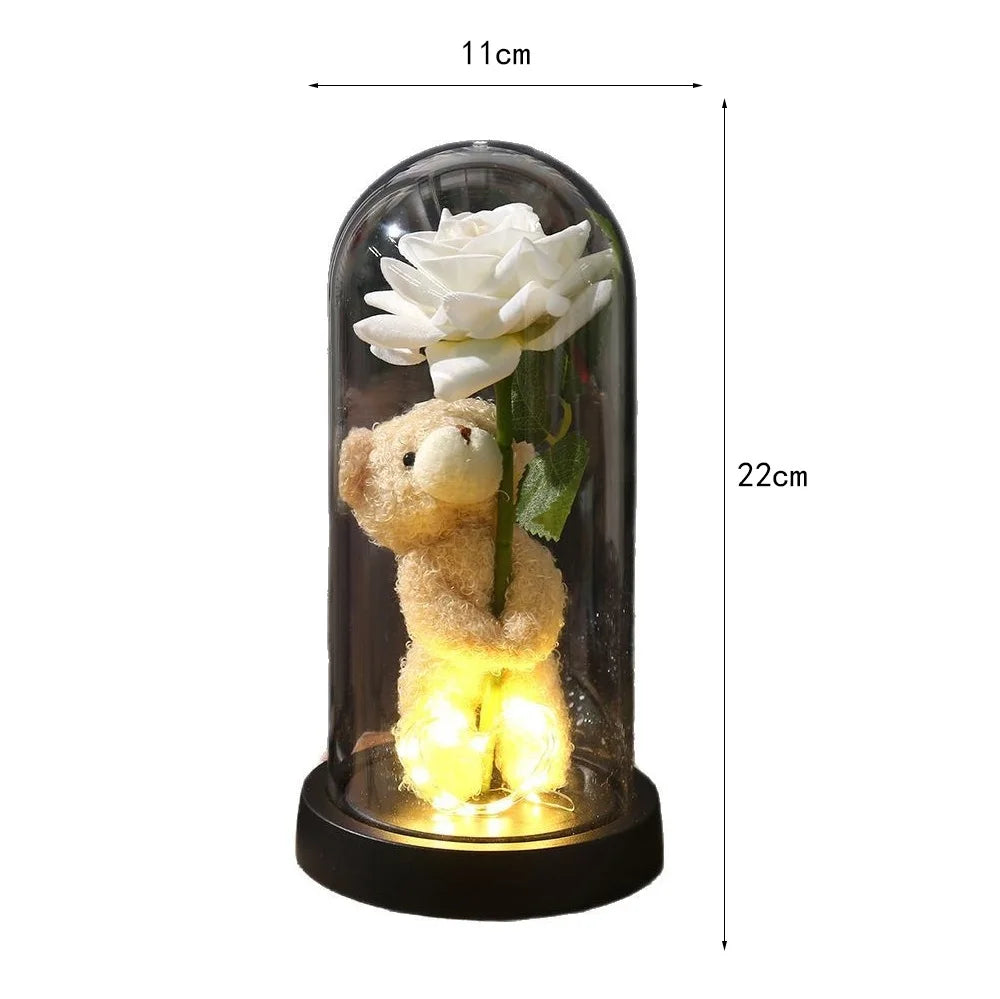 Eternal Rose in Glass Dome Artificial Flower with Bear Desk Accessories Christmas Valentine's Day Gifts Party Favors Oasis Select