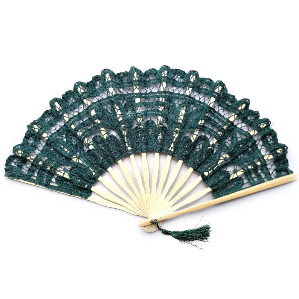 Bamboo Lace Folding Hand Fan with Tassel – Vintage Style