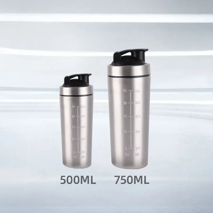 500/750ml Stainless Steel Protein Powder Shaker Bottle with Steel Ball and Scale Leak Proof Gym Fitness Sport Whey Shakes Cup Oasis Select Silver 500ml