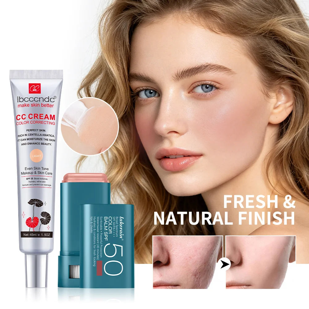 2pcs/set Color Correcting CC Cream & Suncreen Blush Stick Long-Lasting Waterproof Natural Finish Face Makeup Korean Cosmetic Oasis Select