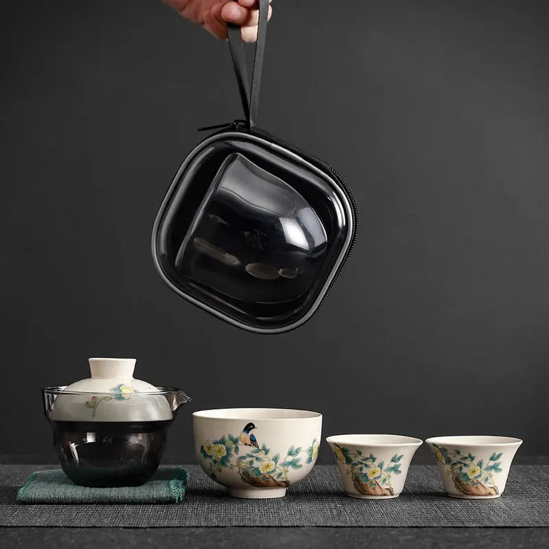 Grass Ash Travel Tea Set Household Car Outdoor Tea Making Portable One Pot Three Cups Oasis Select