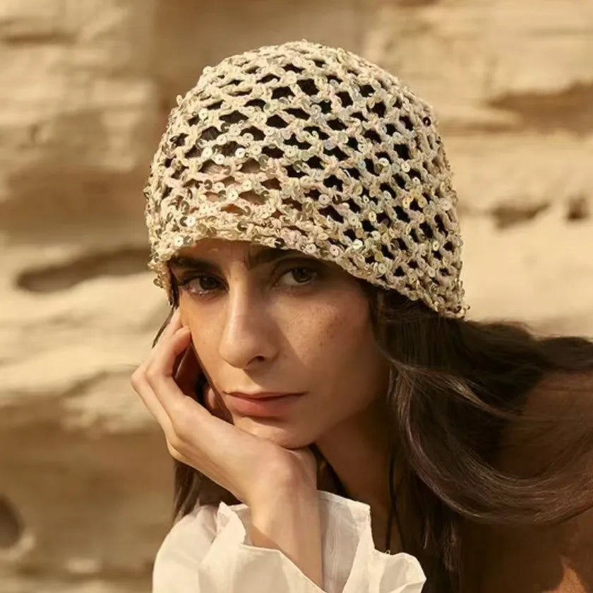 Y2K Sequined Crochet Beanie – Fishnet Pullover Hat for Women