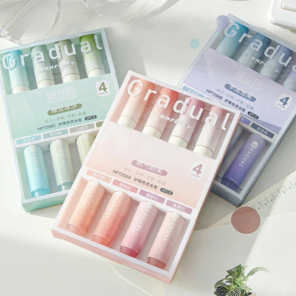 4Pcs/set Macaron Highlighters Color Gradient Highlighter Pens Kawaii Stationery Students Marker Pen Cute School Office Supplies Oasis Select