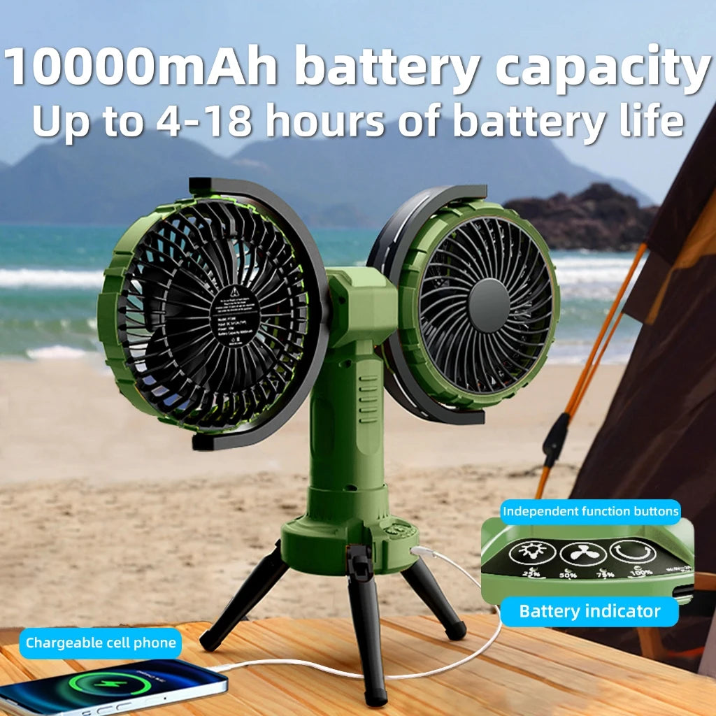 10000mAh Dual Head Fan – 4 Speeds, USB, Portable Outdoor Fan