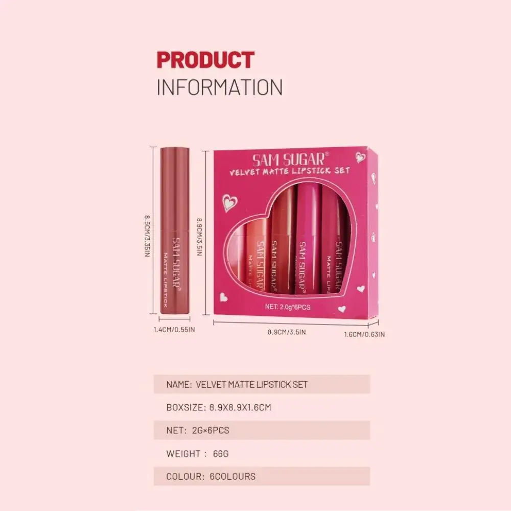 SAM SUGAR 6-Color Velvet Matte Lipstick Set – Long-Wear