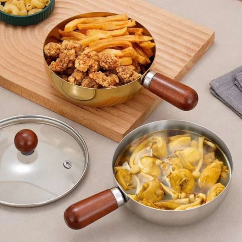 1pc Korean Ramen Pot with Lid, Stainless Steel Wooden Handle Noodle Cooker, 1-2 Person Instant Noodles Pot Induction Compatible Oasis Select