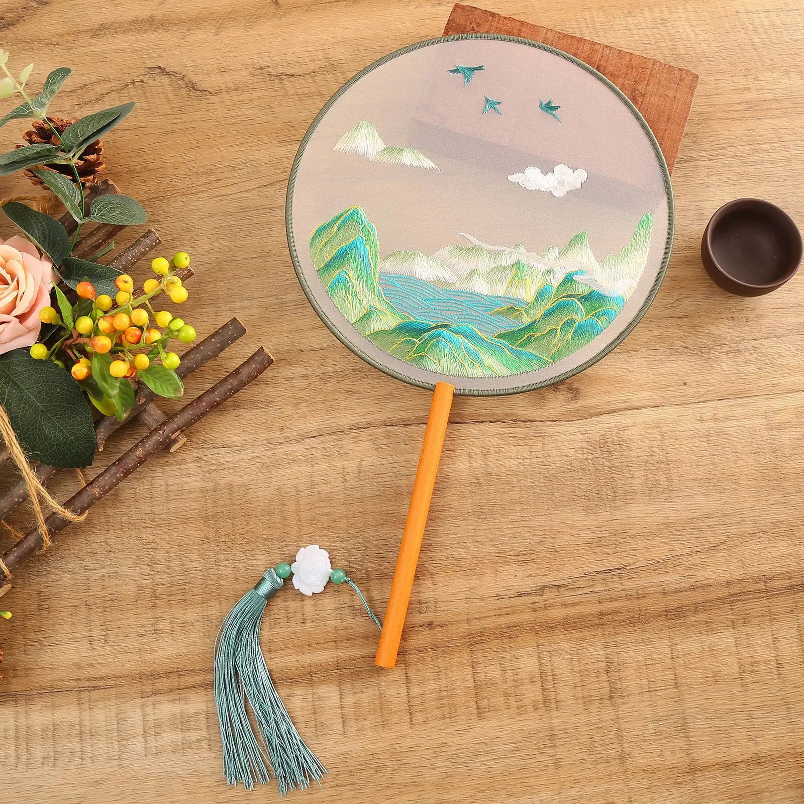 Chinese Style Silk Round Fan Double-sided Floral Embroidery Hand Fans with Tassel Summer Dance Fan For Women Wedding Home Decor Oasis Select