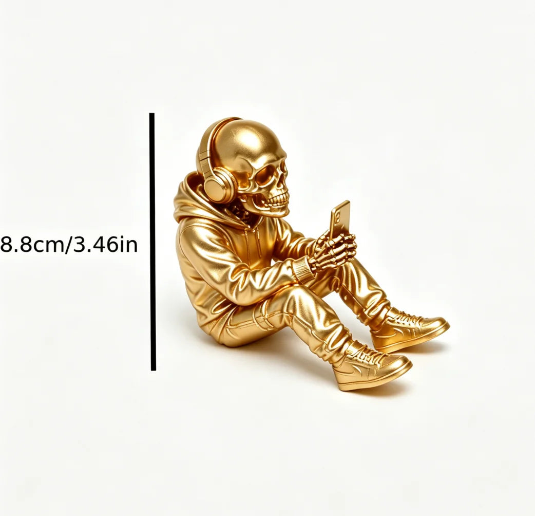 Cool Trendy Hoodie Skeleton Using Phone Ornament Figurine Skull Using Phone Edgy Desk Ornament Decor for Urban Minimalist Spaces Oasis Select Skeleton gold