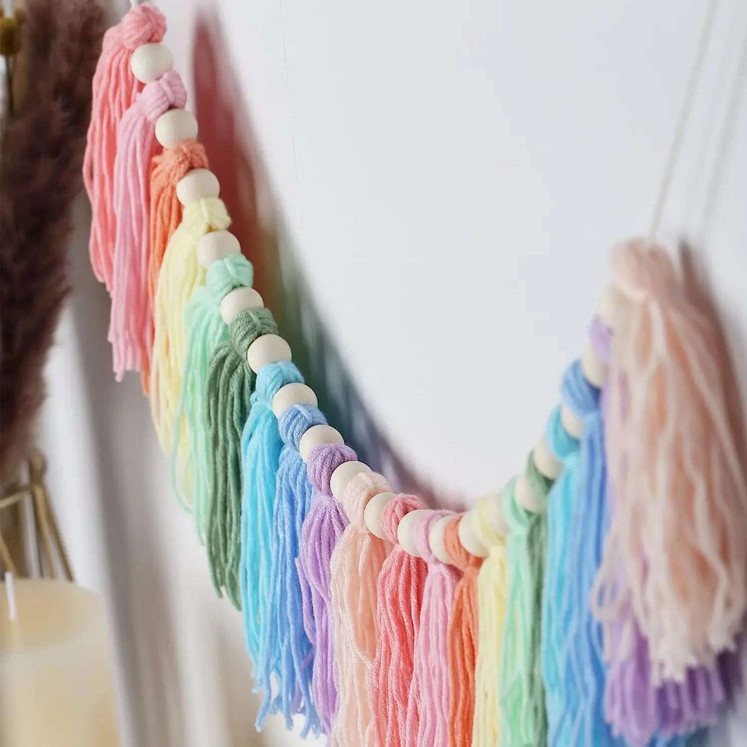 Rainbow Tassel Garland Colorful Pom Garland Wood Bead Easter Spring Girls Bedroom Wall Party Birthday Baby Shower Decor Oasis Select