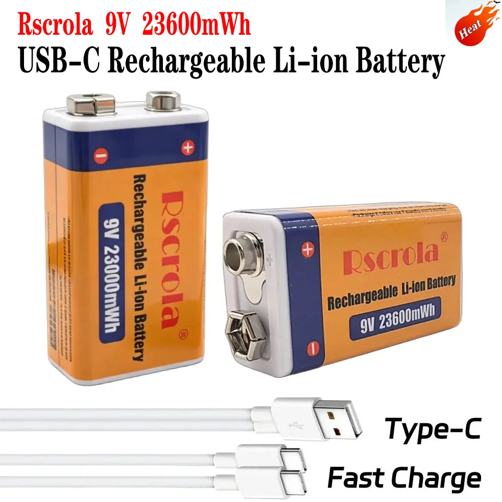 Rscrola 9V USB-C Rechargeable Battery 23600mWh Li-ion Constant Voltage for Guitar Pedal Smoke Detector Multimeter, Long Life Wit Oasis Select