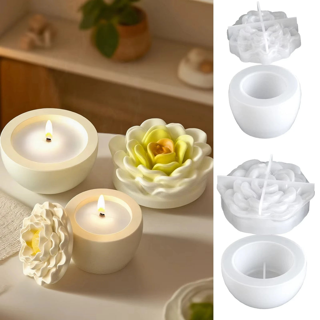 Round Peony Camellia Flower Silicone Mold DIY Candle Jar Aromatherapy Gypsum Resin Storage Box Flowerpot Craft Mold Oasis Select