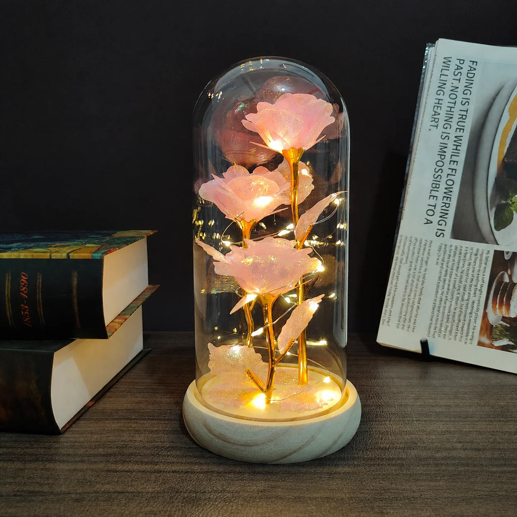 Graduation Season Teacher's Day Creative Gift Box for Women - Rose Flower Gift, Perpetual Flower Glass Cover with Three Artifici Oasis Select Pink