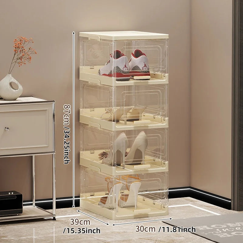 Foldable Shoe Box 1/2/4/6-Tier Clear View Dustproof Moistureproof Heavy-Duty Organizer for All Shoe Types Living Room/Hallway Oasis Select White-4 Layers