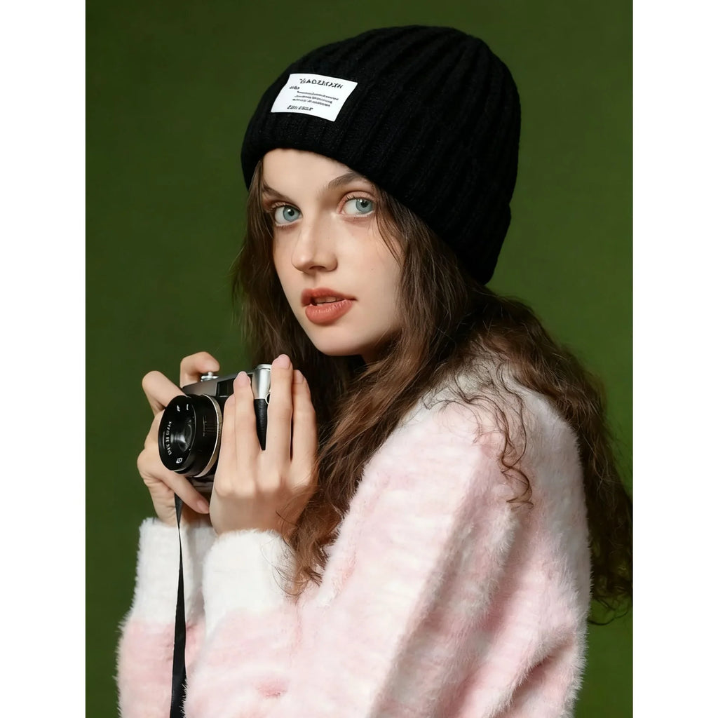 Big head hat, lazy hat, knitted hat, pile hat, deer plush hat, small face, knitted hat, generous logo hat Oasis Select